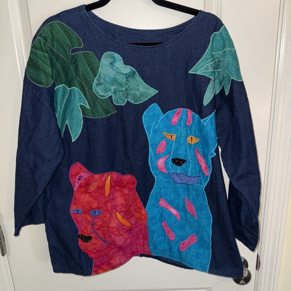 Alfredo's Wife Vintage Denim Tunic‎ Shirt Sz Small Colorful Leopards Folk Art